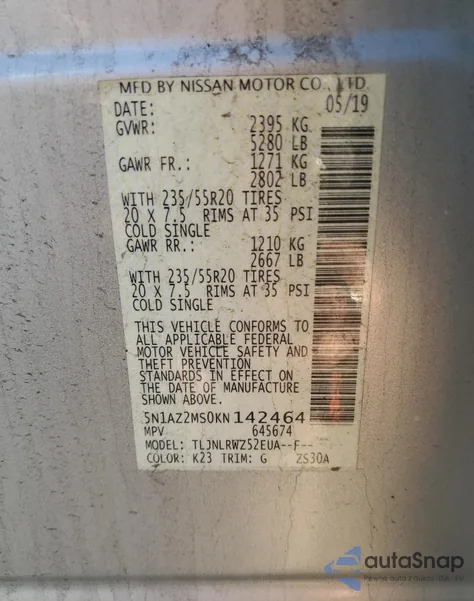 2019 Nissan Murano S из США, поврежденный, VIN 5N1AZ2MS0KN142464